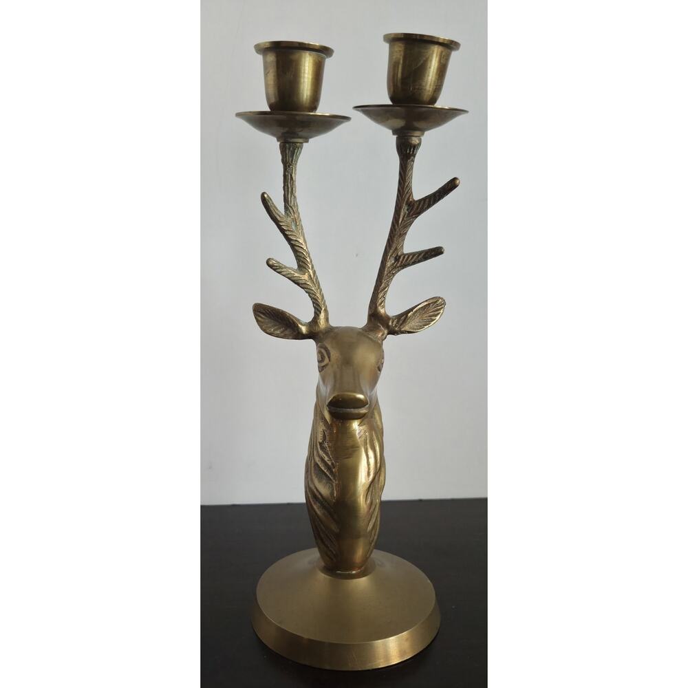 VTG Brass Deer Bust Double Candlestick Holder 10x4x4” India